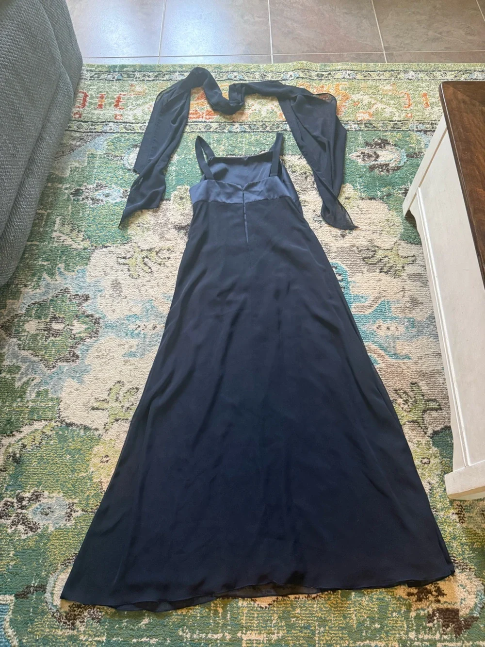 Vintage 90s Adrianna Papell Occasions Navy Satin & Sheer Evening Gown Neck Scarf